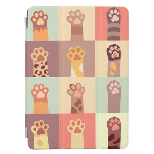 Cute iPad case with twelve different cat paws in different colors and patterns.