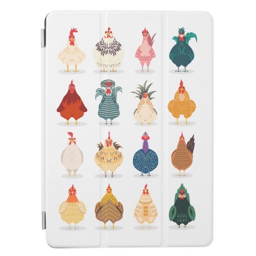 Cute iPad case with sixteen different chickens in a variety of colors and breeds.