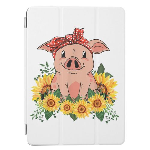 Cute iPad case with a pig wearing a scarf on her head sitting amongst yellow sunflowers.