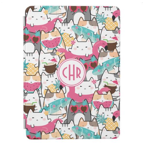 Cute iPad case featuring cute kawaii style cats in a summer theme with sunglasses, pineapples, watermelons, cocktails and surfboards with flamingo floats.