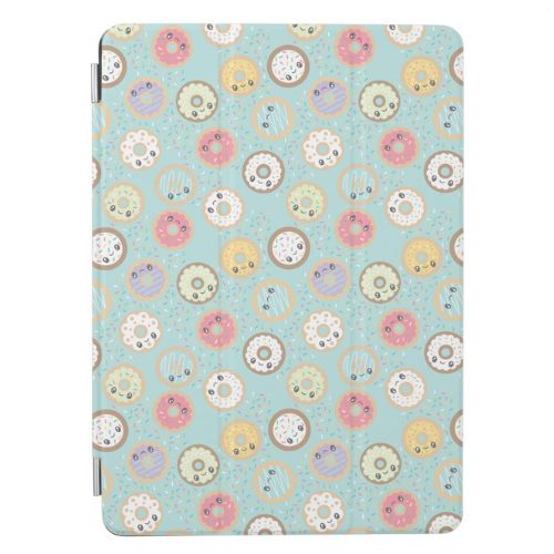 Cute iPad case with kawaii iced donuts and cute faces on an aqua background.