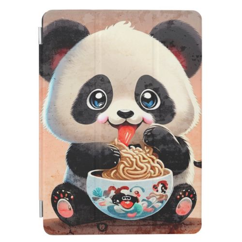 Cute iPad case with a cute panda bear eating ramen noodles from a bowl.