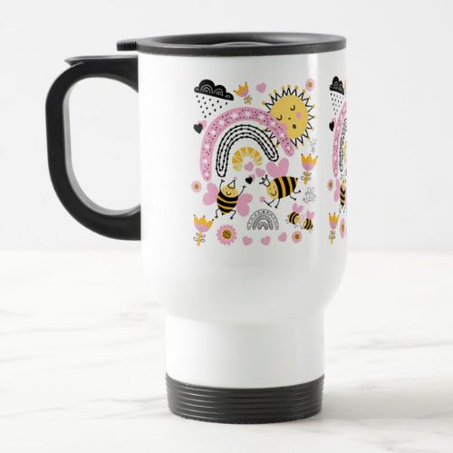 White travel mug with cute bees, rainbows, clouds and sun.