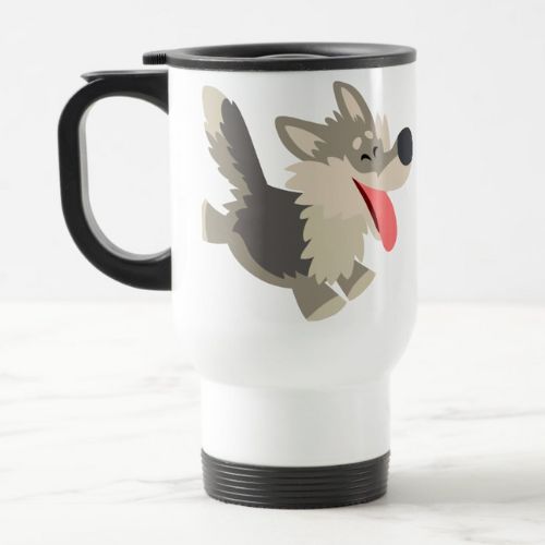 Cute, happy little gray wolf travel mug.