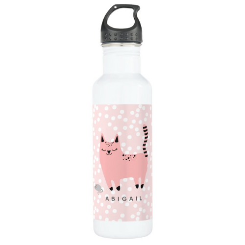 Cute water bottle with adorable pink and black kitty cat with it's eyes closed standing next to a gray mouse with monogrammed name.