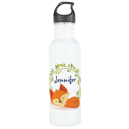 Cute water bottle with sleeping fox and foliage and monogrammed name.