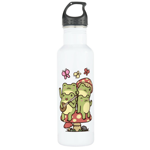 White water bottle with cute frogs playing a banjo sitting on a red mushroom with butterflies.