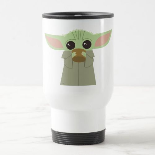 Cute white travel mug with mandalorian Grogu.