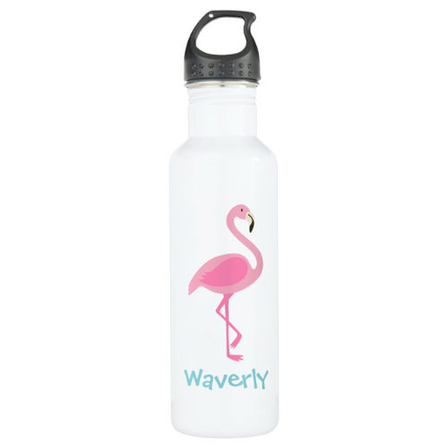 Cute white water bottle with pink flamingo and monogrammed name in blue.