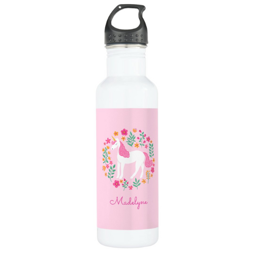 Water bottle with a cute pink unicorn and flowers design with monogrammed name in script typography.