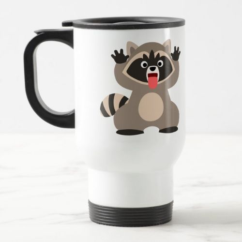 Cute white travel mug with cheeky racoon design.