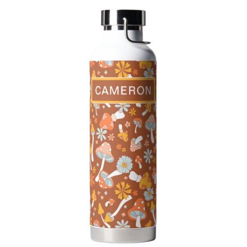 Groovy retro mushrooms and flowers on brown background with monogrammed name cute water bottle.