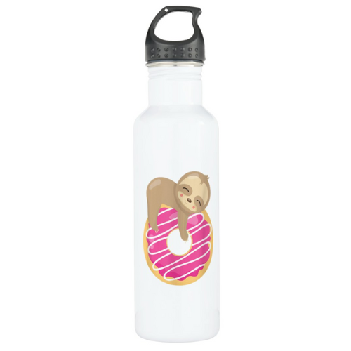 Cute water bottle with sloth sleeping on a pink iced doughnut.