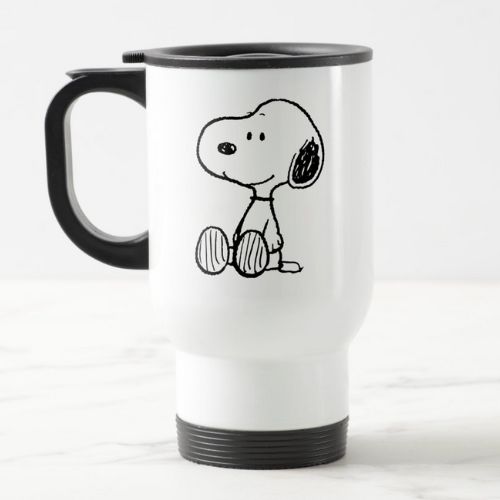 White travel mug with cute image of snoopy character.