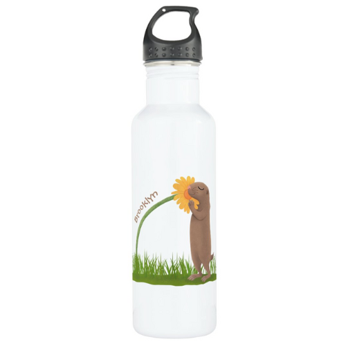 Cute water bottle with a little brown prairie dog smelling a yellow daisy.