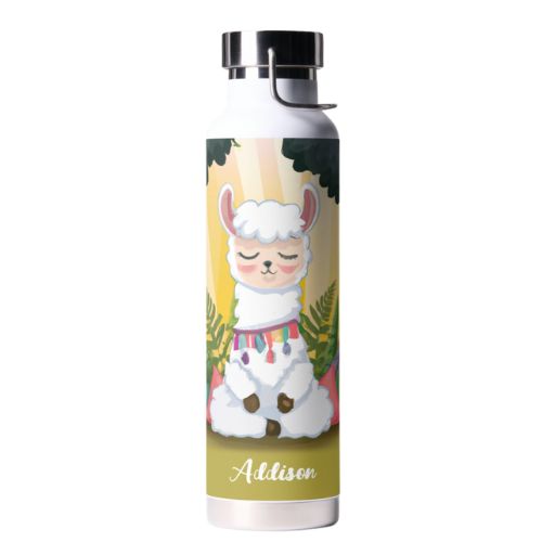 Thor Copper Vacuum Insulated water bottle with cute meditating llama in a forest design with monogrammed name.