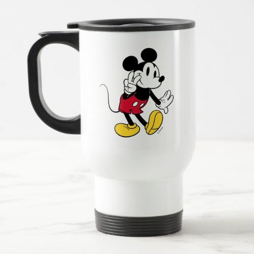 Cute white travel mug with Mickey Mouse design.