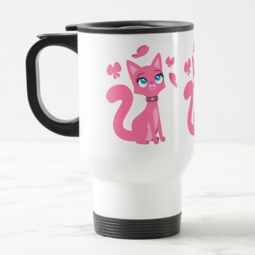 White travel mug with a design of a pink cat with blue eyes.