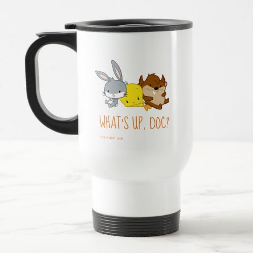 Cute Looney Tunes Whats Up Doc travel mug with Bugs Bunny, Tweetie and Taz characters.